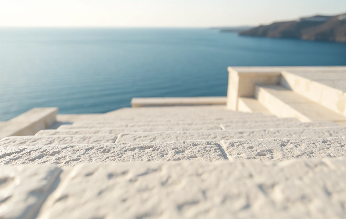 Greek limestone stairs overlooking the sea