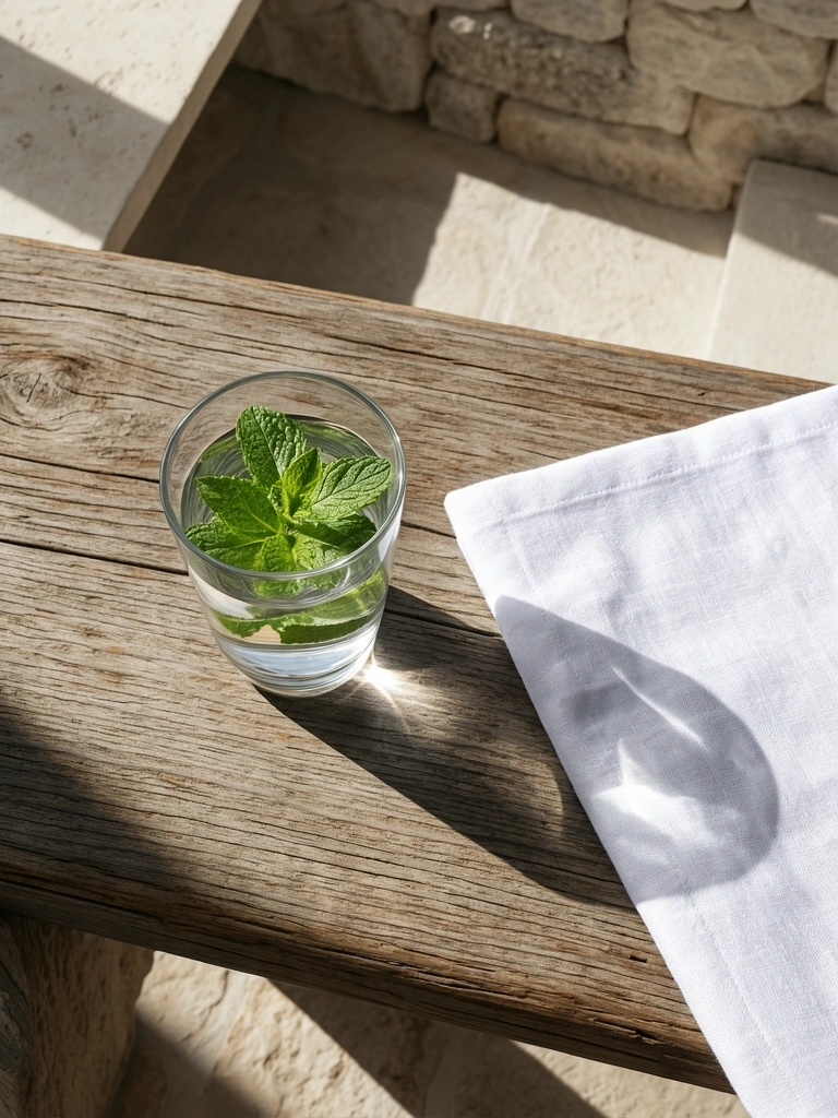 Minimalist table setting in Athens sunlight