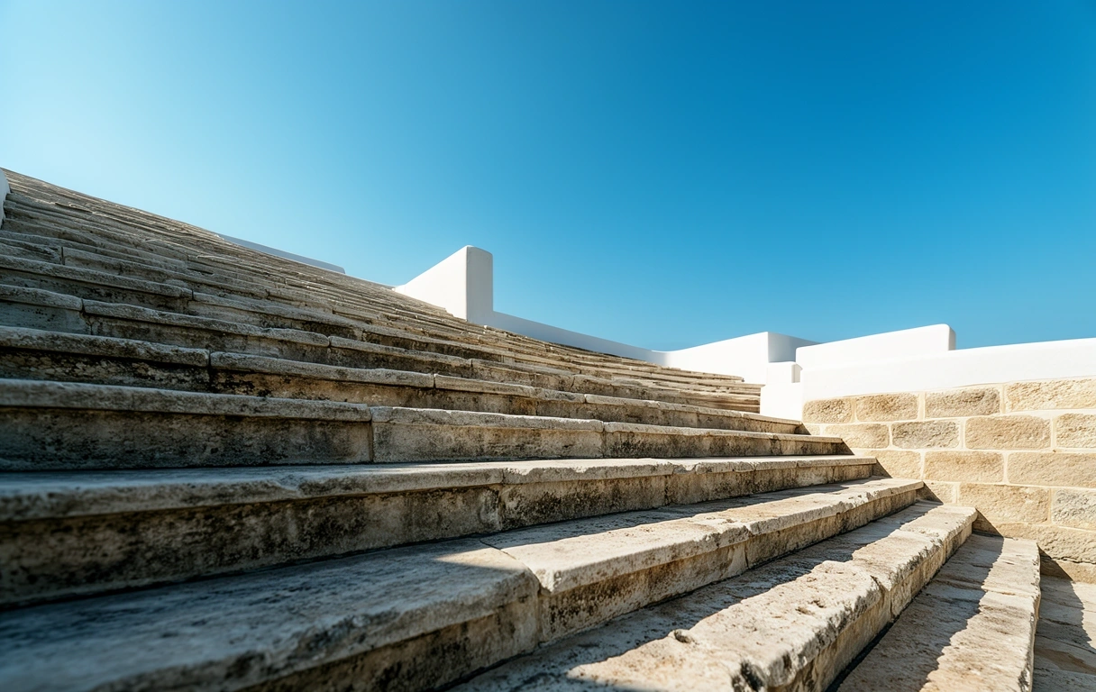 Sun-drenched limestone stairs overlooking the Aegean sea